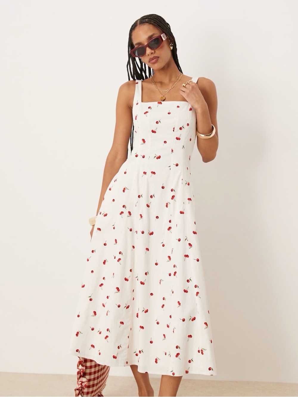 Abercrombie & Fitch White Midi Dress with Red Cherry Print